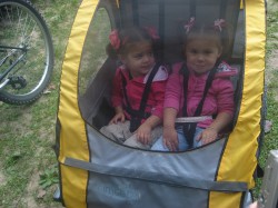 The girls in the bike trailer